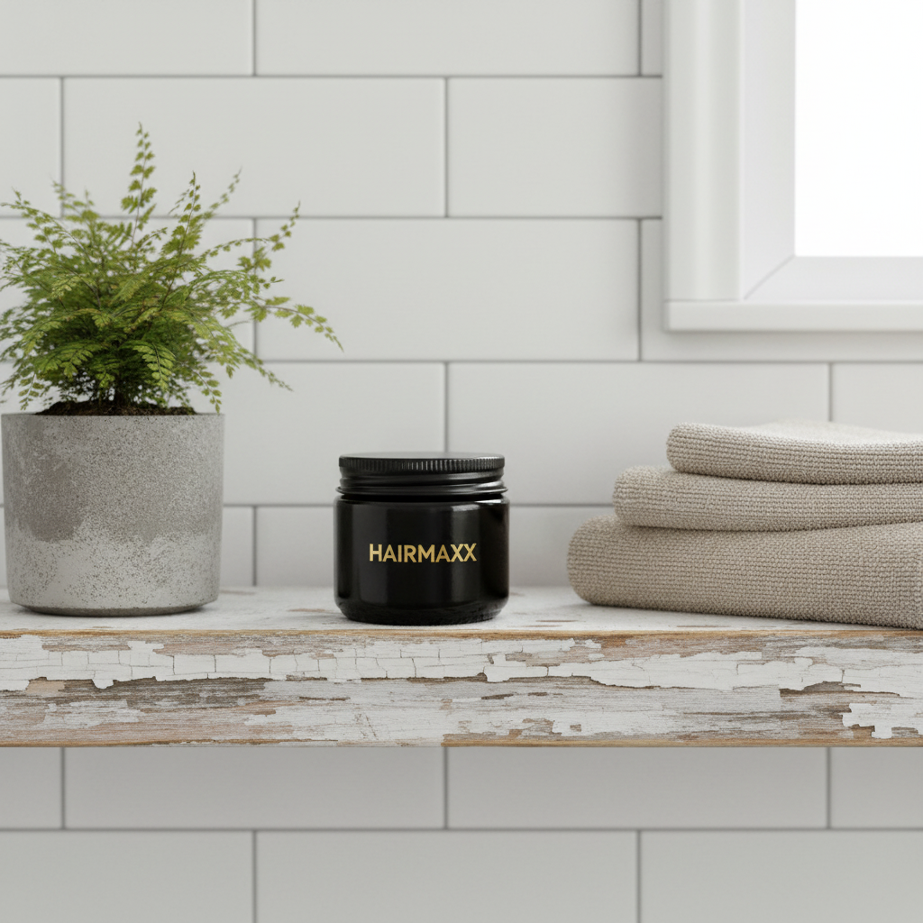 HAIRMAXX jar on bathroom shelf